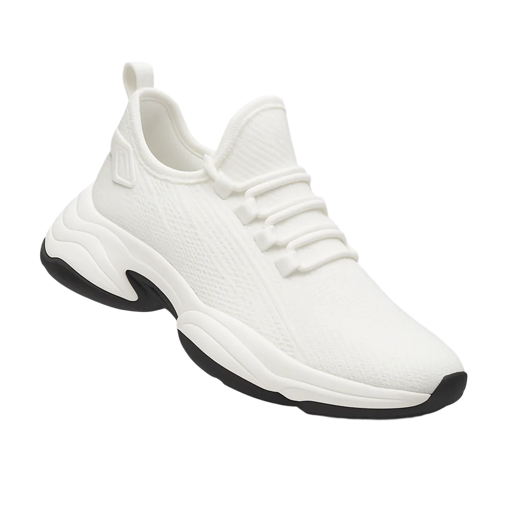 Herr sneakers med dolda höjd för elegans, minimalistisk design, subtil höjning, grå med vit sula, ergonomisk passform.