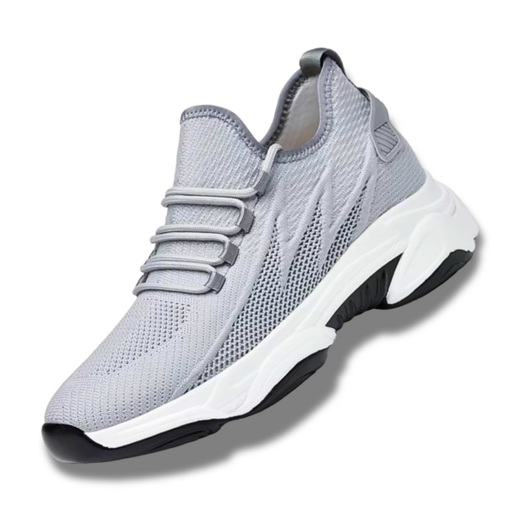Herr sneakers med dolda höjd för elegans, minimalistisk design, subtil höjning, grå med vit sula, ergonomisk passform.