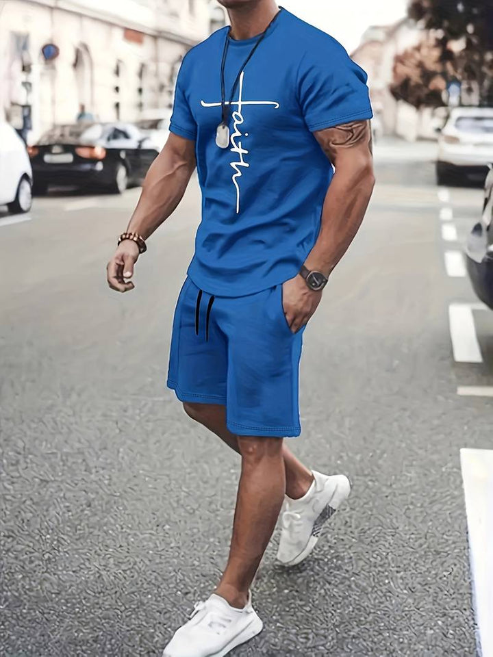 "Herr sommarset T-shirt och shorts i bomull, trendigt tryck, valbara färger: blå, grå, grön, svart, röd."