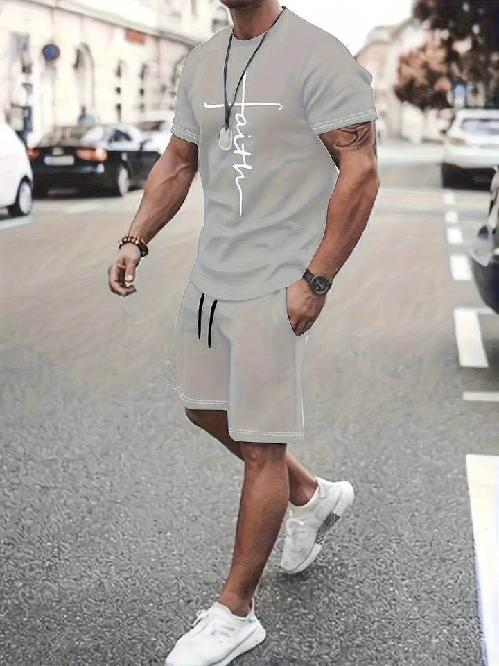 "Herr sommarset T-shirt och shorts i bomull, trendigt tryck, valbara färger: blå, grå, grön, svart, röd."