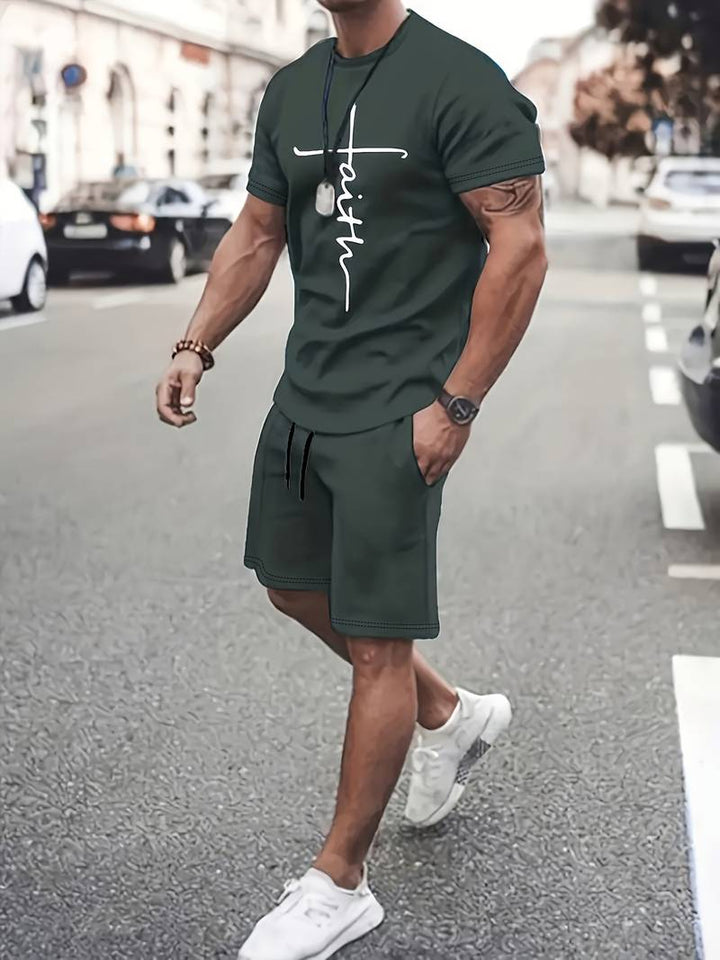 "Herr sommarset T-shirt och shorts i bomull, trendigt tryck, valbara färger: blå, grå, grön, svart, röd."