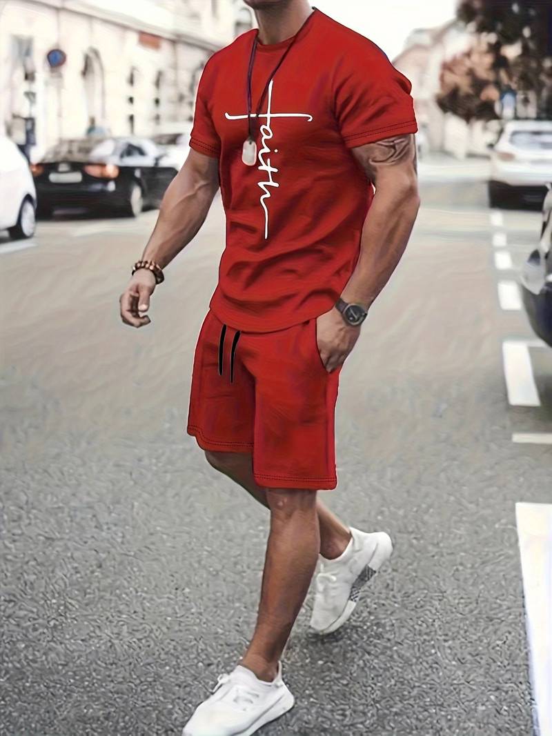 "Herr sommarset T-shirt och shorts i bomull, trendigt tryck, valbara färger: blå, grå, grön, svart, röd."