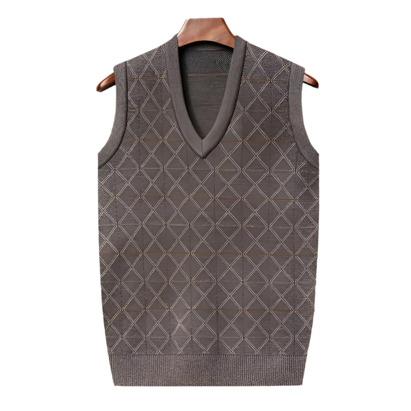 "Herr stickad ulltanktop framifrån, mjuk exklusiv design, avslappnad passform för alla kroppstyper, värmeisolerande."