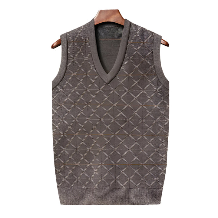 "Herr stickad ulltanktop framifrån, mjuk exklusiv design, avslappnad passform för alla kroppstyper, värmeisolerande."
