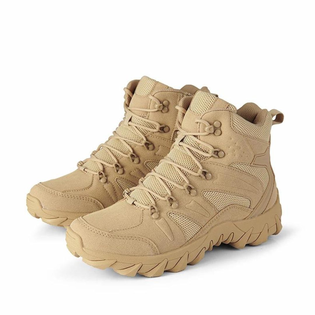 "Herr stridsträningsstövlar i beige, grön, svart. Robust design, hög dragkraft, perfekt för äventyr och vandring."