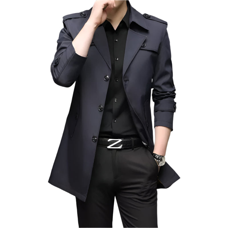 "Herr trenchcoat polyester elegans med klassisk siluett, slät yta och djupa fickor för stil och funktion."