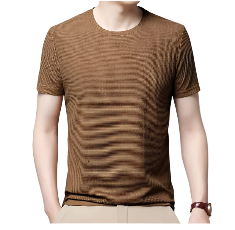 "Herr våfflad bomullst-shirt med rund hals, grön, unikt texturerat tyg, andningsbart och stilfullt, perfekt vardagsplagg."