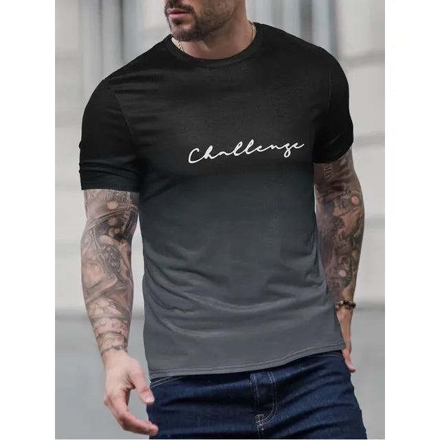 "Herr vintage T-shirt med färggradient, kort ärm, mjuk bomullsblandning, perfekt för retro och modern stil."
