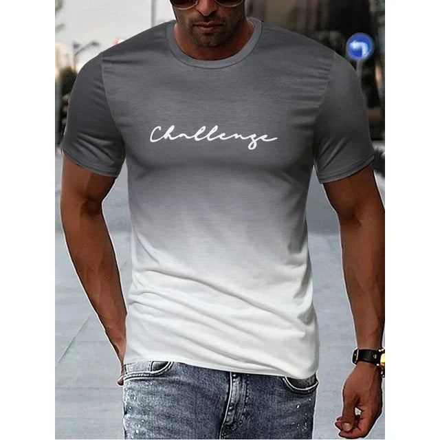 "Herr vintage T-shirt med färggradient, kort ärm, mjuk bomullsblandning, perfekt för retro och modern stil."
