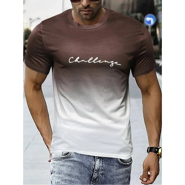 "Herr vintage T-shirt med färggradient, kort ärm, mjuk bomullsblandning, perfekt för retro och modern stil."
