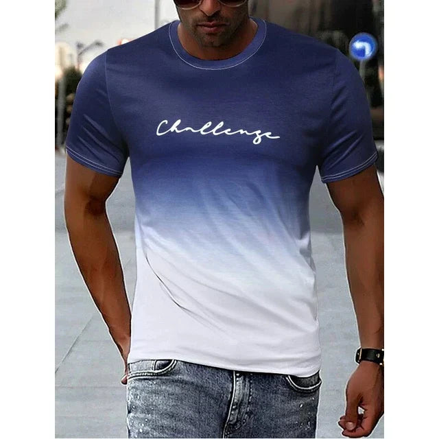 "Herr vintage T-shirt med färggradient, kort ärm, mjuk bomullsblandning, perfekt för retro och modern stil."