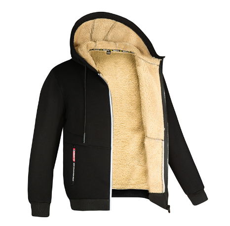"Herr vinterhoodie i lammull med dragkedja, elegant design i grått, perfekt för stil och värme under kalla dagar."