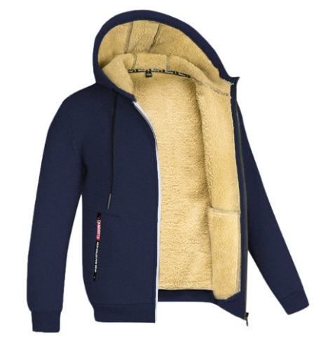 "Herr vinterhoodie i lammull med dragkedja, elegant design i grått, perfekt för stil och värme under kalla dagar."