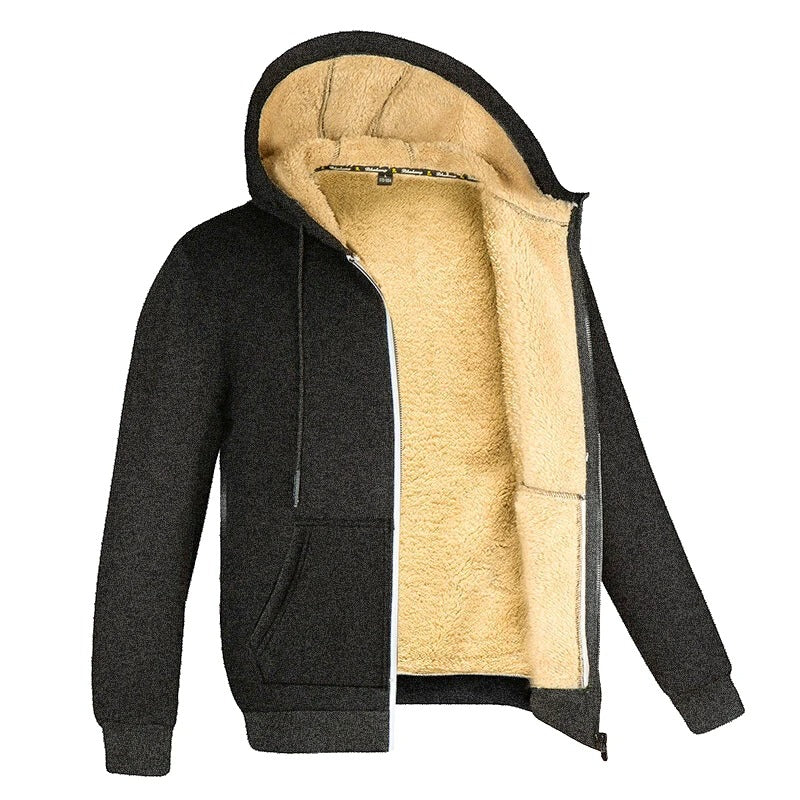 "Herr vinterhoodie i lammull med dragkedja, elegant design i grått, perfekt för stil och värme under kalla dagar."