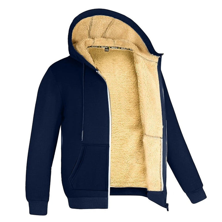 "Herr vinterhoodie i lammull med dragkedja, elegant design i grått, perfekt för stil och värme under kalla dagar."