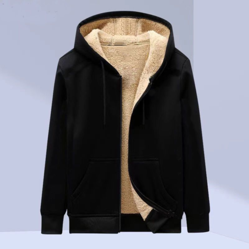 "Herr vinterhoodie i lammull med dragkedja, elegant design i grått, perfekt för stil och värme under kalla dagar."
