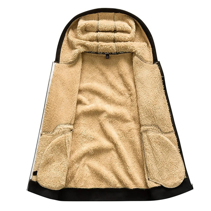 "Herr vinterhoodie i lammull med dragkedja, elegant design i grått, perfekt för stil och värme under kalla dagar."
