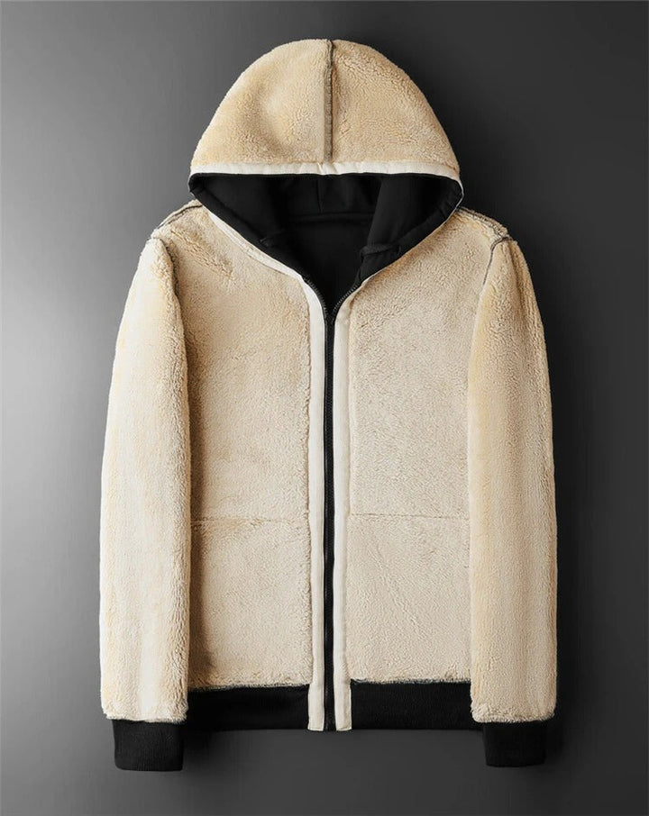 "Herr vinterhoodie i lammull med dragkedja, elegant design i grått, perfekt för stil och värme under kalla dagar."