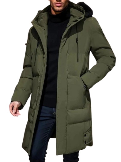 "Herr vinterjacka i tjock polyester och bomull, elegant design med modern stil, värmande foder för kalla vinterdagar."