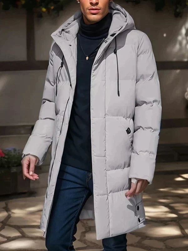 "Herr vinterjacka i tjock polyester och bomull, elegant design med modern stil, värmande foder för kalla vinterdagar."