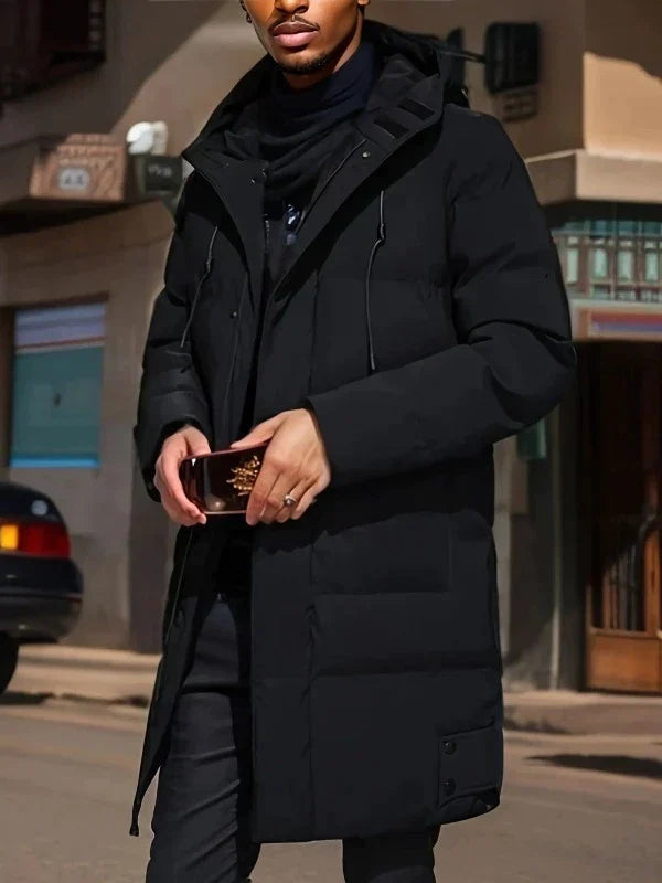 "Herr vinterjacka i tjock polyester och bomull, elegant design med modern stil, värmande foder för kalla vinterdagar."