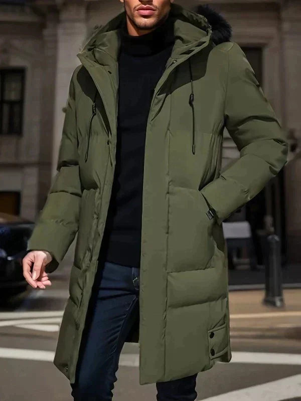 "Herr vinterjacka i tjock polyester och bomull, elegant design med modern stil, värmande foder för kalla vinterdagar."