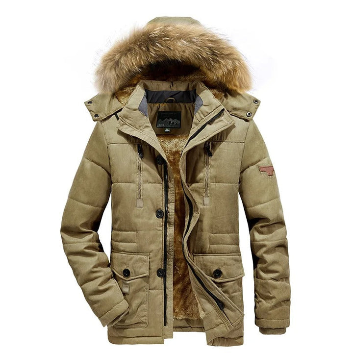 "Herr vinterjacka med huva, vattentät, varm fleece, stilren och funktionell, perfekt skydd mot vinterväder."