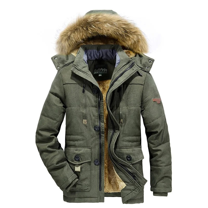 "Herr vinterjacka med huva, vattentät, varm fleece, stilren och funktionell, perfekt skydd mot vinterväder."