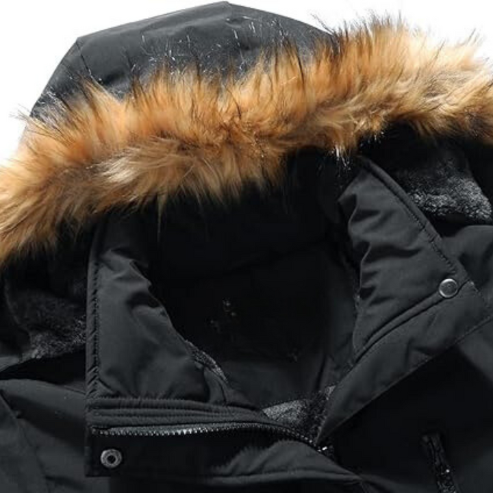 "Herr vinterjacka med huva, vattentät, varm fleece, stilren och funktionell, perfekt skydd mot vinterväder."