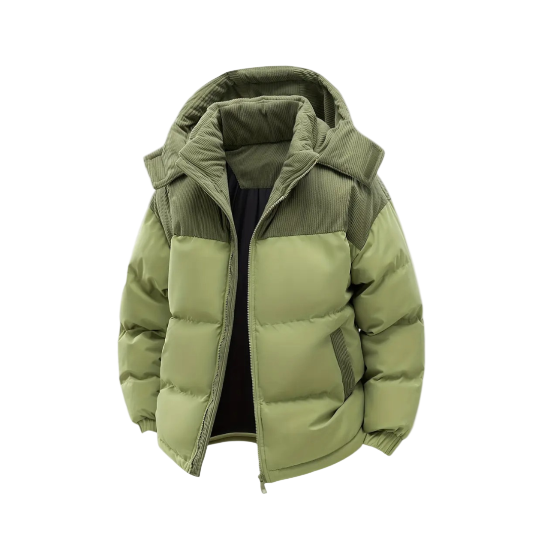 "Herr vinterjacka med sladdhuva, långärmad design, flera fickor och modern stil, perfekt för höst och vinter."