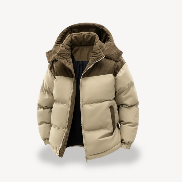 "Herr vinterjacka med sladdhuva, långärmad design, flera fickor och modern stil, perfekt för höst och vinter."