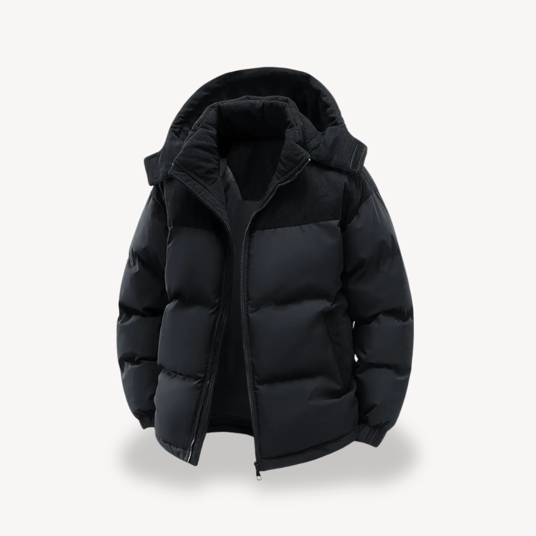 "Herr vinterjacka med sladdhuva, långärmad design, flera fickor och modern stil, perfekt för höst och vinter."