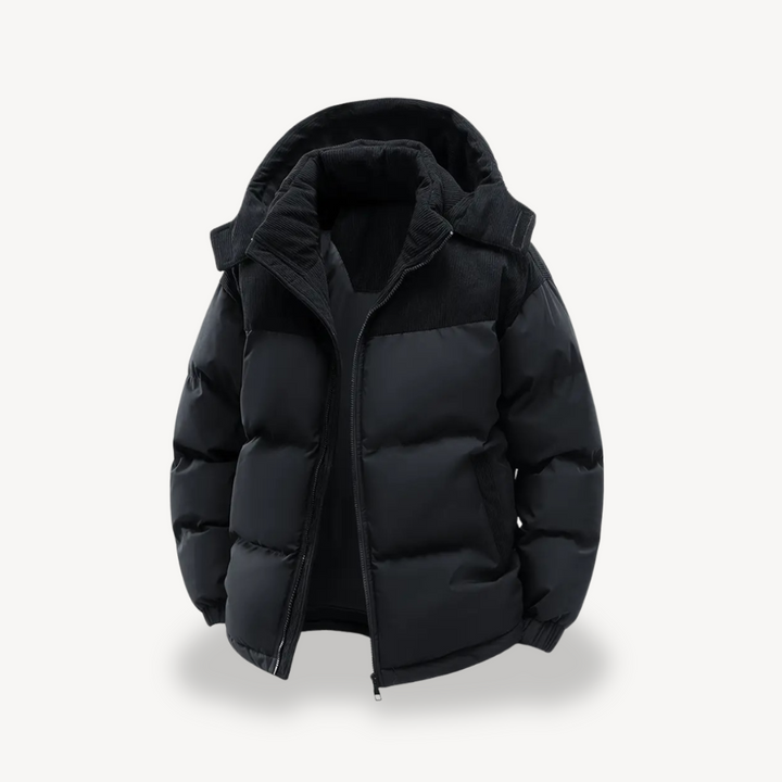 "Herr vinterjacka med sladdhuva, långärmad design, flera fickor och modern stil, perfekt för höst och vinter."