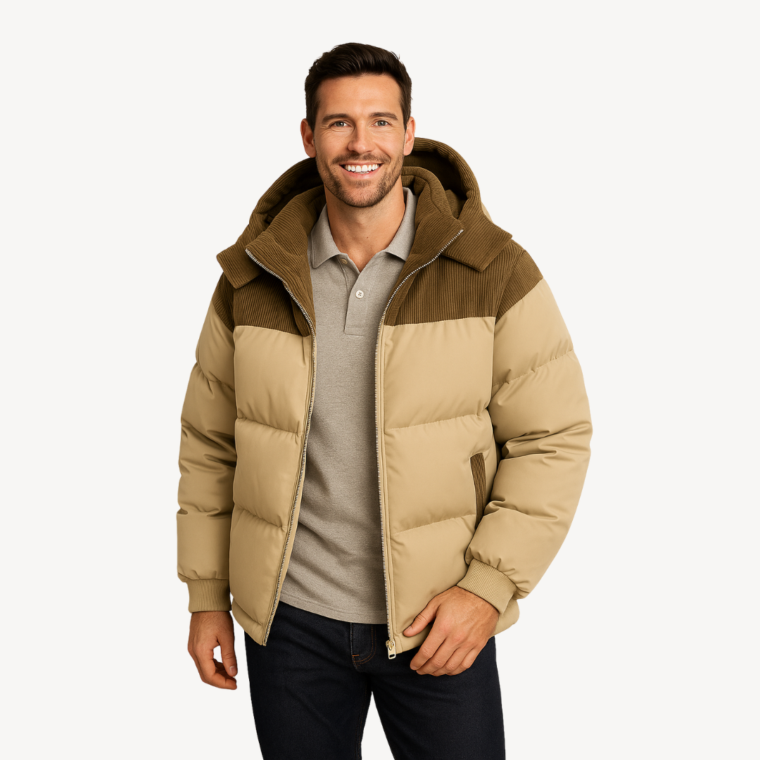 "Herr vinterjacka med sladdhuva, långärmad design, flera fickor och modern stil, perfekt för höst och vinter."