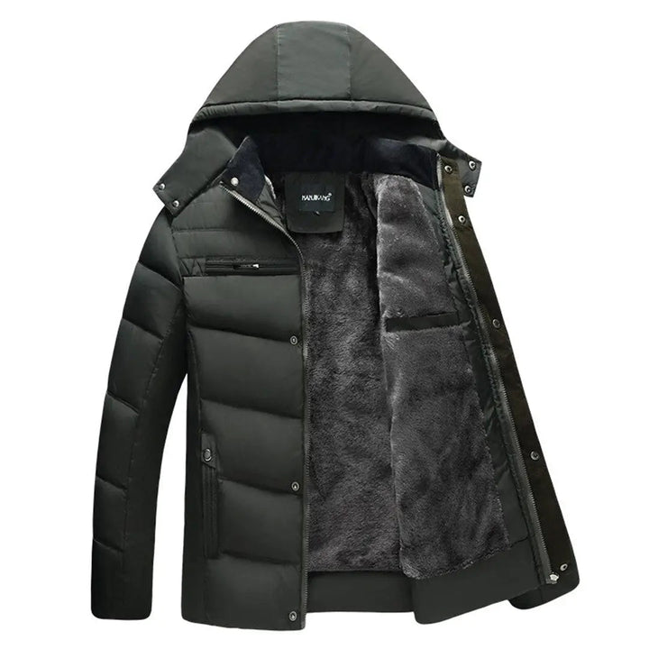 "Herr vinterkappa parkas med justerbar huva, rymliga fickor och stilren design, perfekt för kalla vinterdagar."