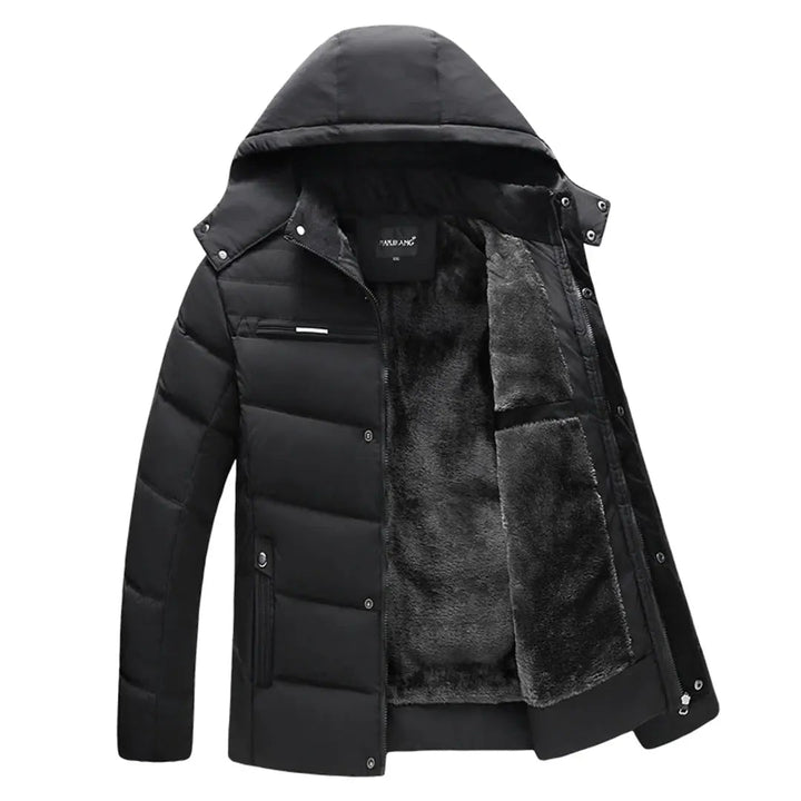 "Herr vinterkappa parkas med justerbar huva, rymliga fickor och stilren design, perfekt för kalla vinterdagar."