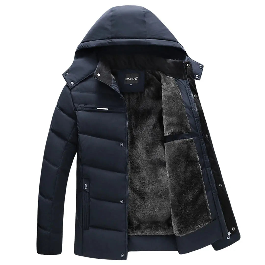 "Herr vinterkappa parkas med justerbar huva, rymliga fickor och stilren design, perfekt för kalla vinterdagar."