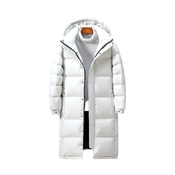 "Herr vinterkappa puffer parka, lång design, stilfull och varm, perfekt för vinter, kombinerad med jeans och stövlar."