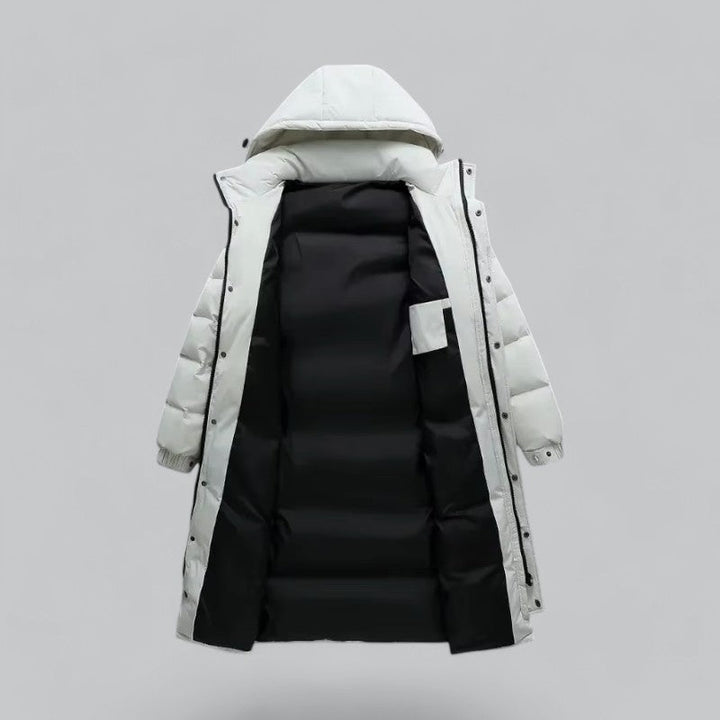 "Herr vinterkappa puffer parka, lång design, stilfull och varm, perfekt för vinter, kombinerad med jeans och stövlar."