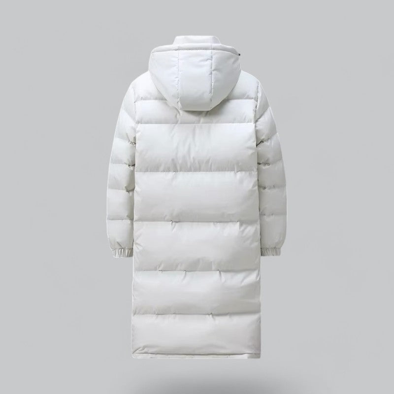 "Herr vinterkappa puffer parka, lång design, stilfull och varm, perfekt för vinter, kombinerad med jeans och stövlar."