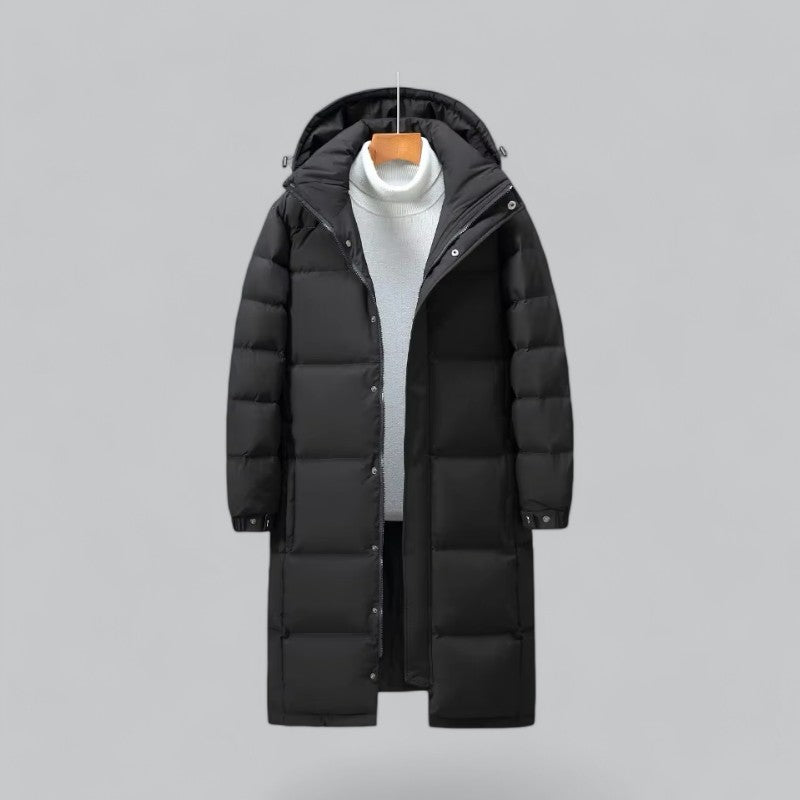 "Herr vinterkappa puffer parka, lång design, stilfull och varm, perfekt för vinter, kombinerad med jeans och stövlar."