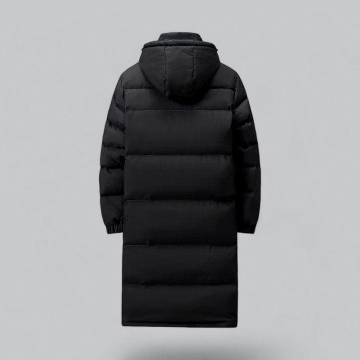 "Herr vinterkappa puffer parka, lång design, stilfull och varm, perfekt för vinter, kombinerad med jeans och stövlar."