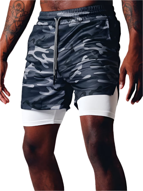 "Herrar 2-i-1 sportshorts, fuktdränerande, elastisk midja, stilren design i flera färger, rörelsefrihet för träning."