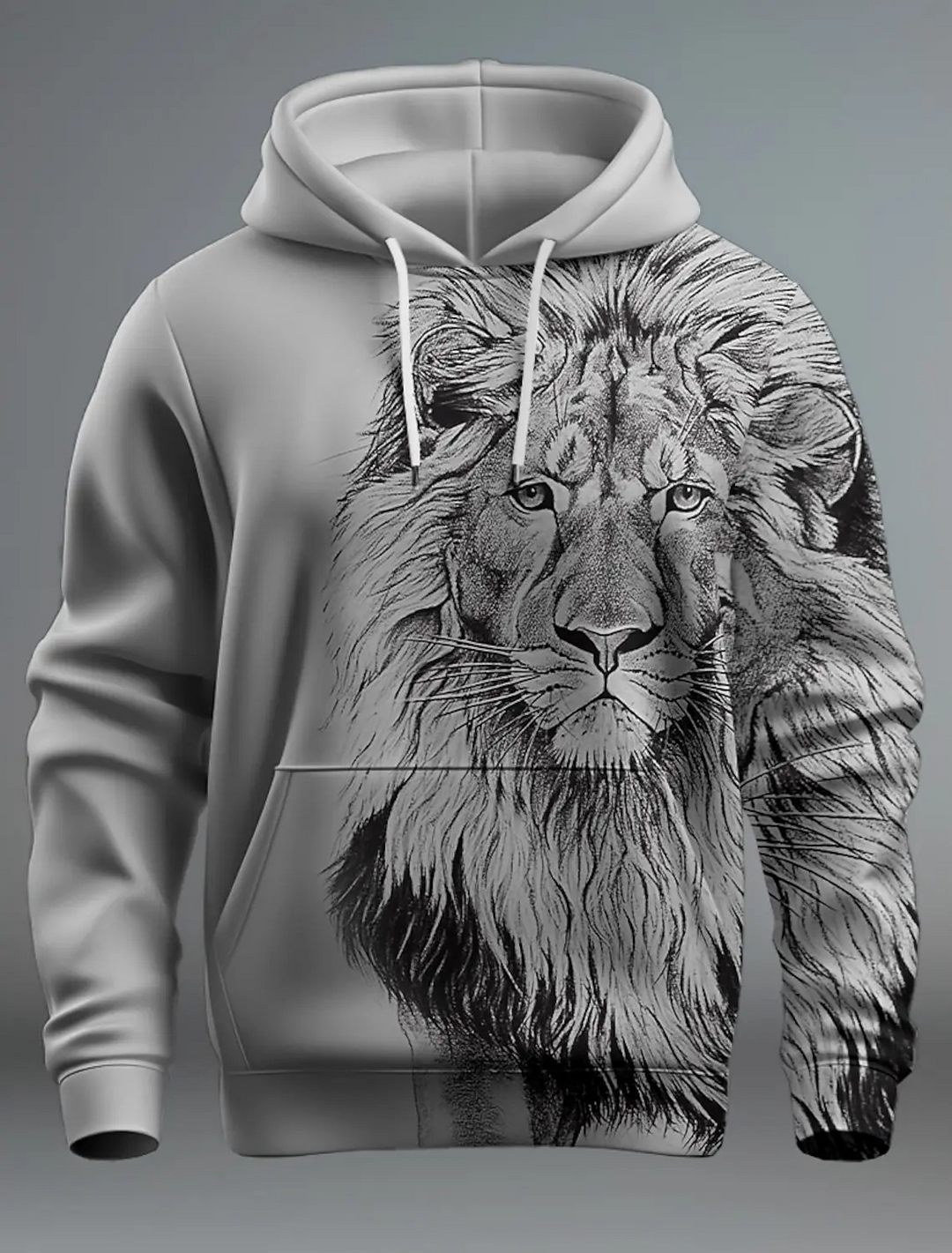 Herrar avslappnad hoodie med djärv lejondesign, bekväm passform i mjuk bomull, ideal för självsäker stil och komfort.