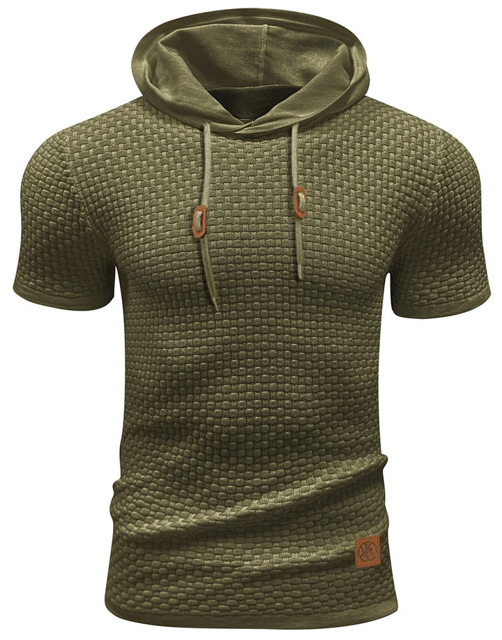 "Herrarnas kortärmad hoodie i stilren polyester, modern design, perfekt för träning och vardag, ljusgrå ton."