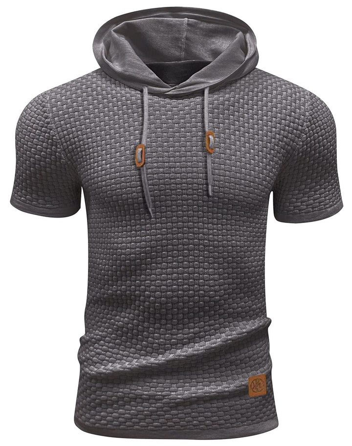 "Herrarnas kortärmad hoodie i stilren polyester, modern design, perfekt för träning och vardag, ljusgrå ton."