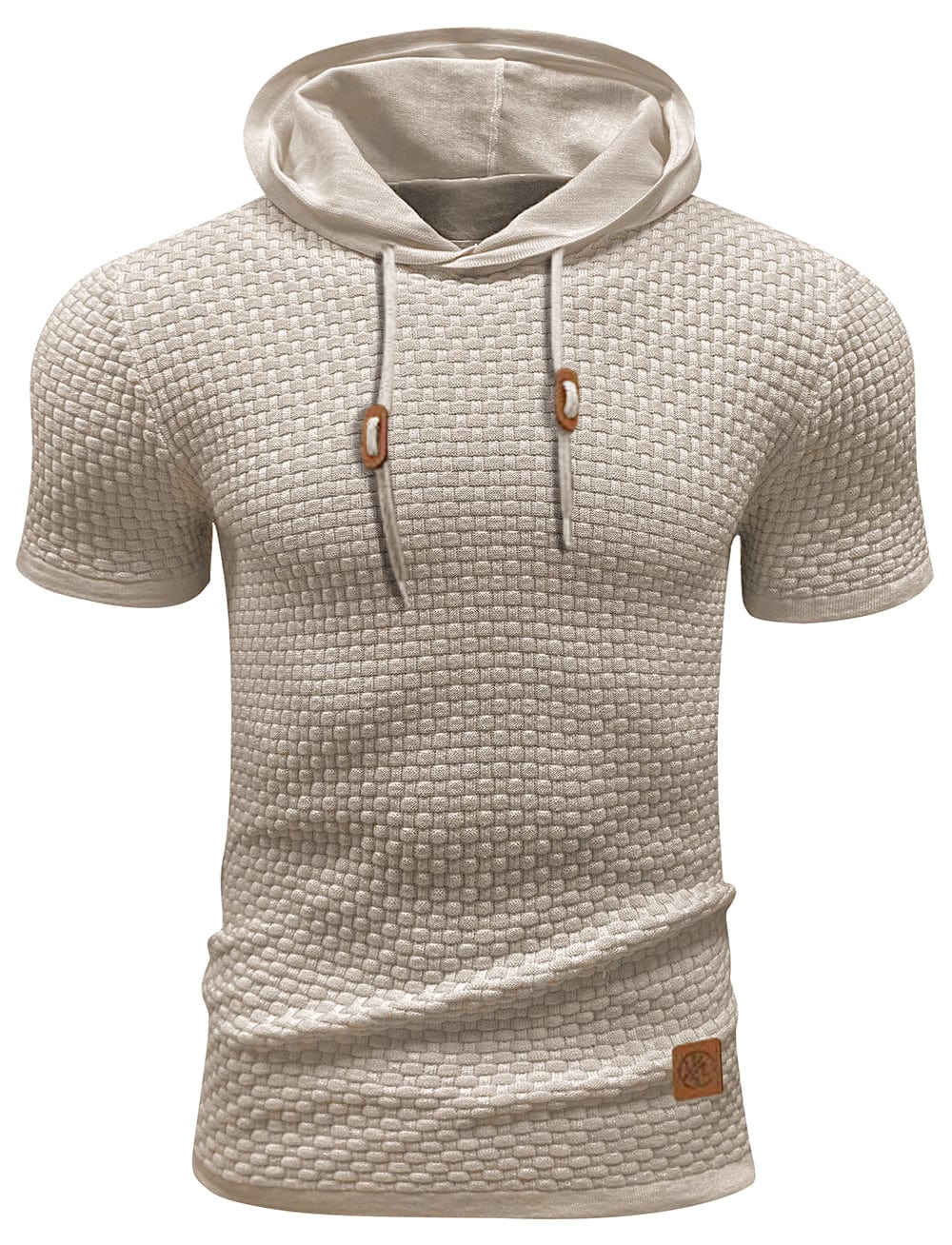 "Herrarnas kortärmad hoodie i stilren polyester, modern design, perfekt för träning och vardag, ljusgrå ton."
