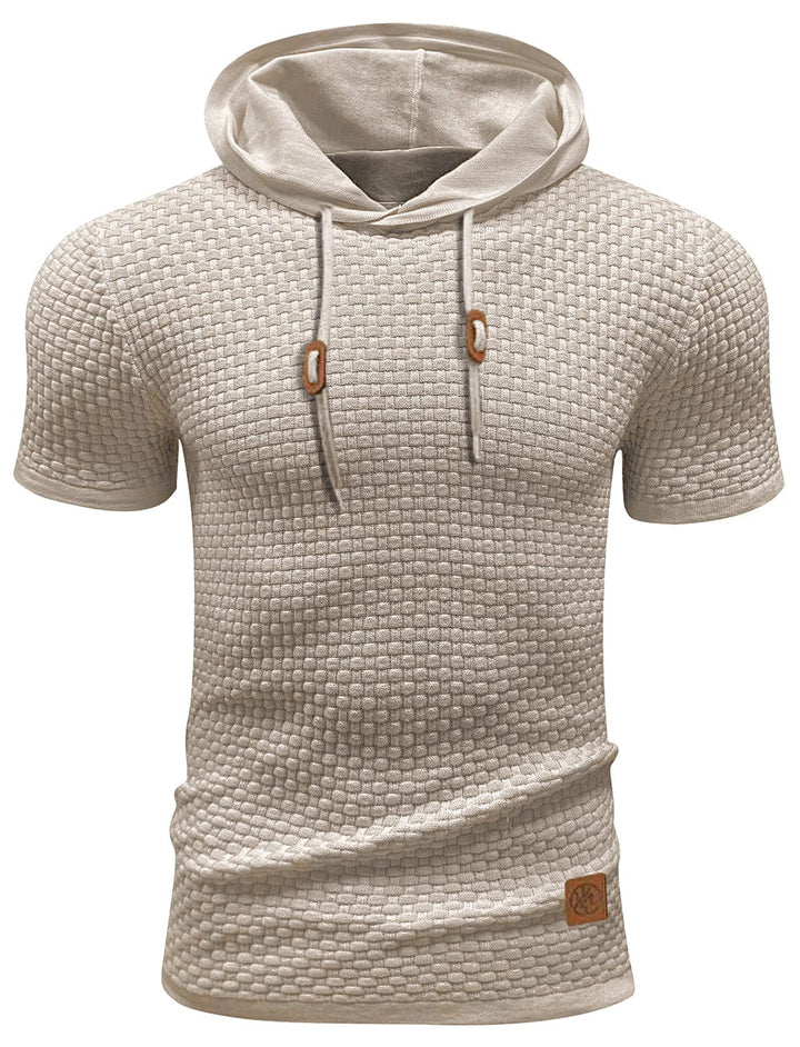 "Herrarnas kortärmad hoodie i stilren polyester, modern design, perfekt för träning och vardag, ljusgrå ton."