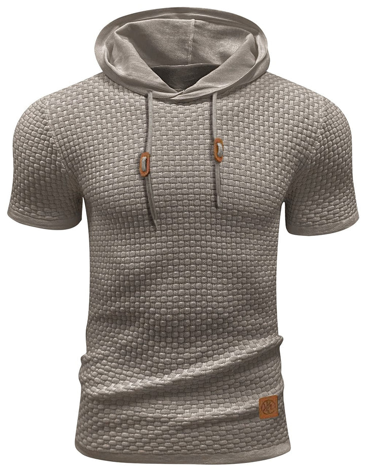 "Herrarnas kortärmad hoodie i stilren polyester, modern design, perfekt för träning och vardag, ljusgrå ton."