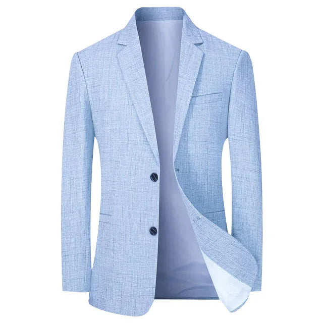"Herrblazer smal passform i blått, polyester, vintage stil, elegant look för stilmedvetna män, perfekt för alla tillfällen."
